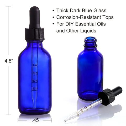 Dead Simple 2 Oz Dark Blue Glass Dropper Bottles, 4 Pack With Exact 1Ml Calibrated Eyedroppers, No Drama Silicone Caps For Essential Oils. Thick glass design.