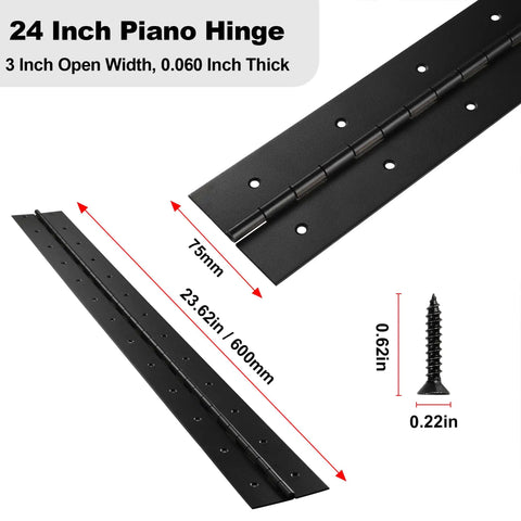 Heavy Duty Piano Hinges 2 Pack 24 Inch Long 3 Inch Wide True 0.060 Thick Black 304 Stainless Steel Cabinet And Toolbox Latches close-up view with measurements.
