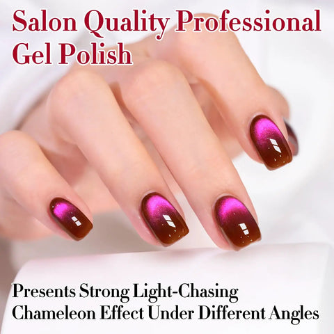Cat Eye Gel Nail Polish With Magnetic Effect, Holographic Glitter Shine, sheer cherry burgundy nails on hand display