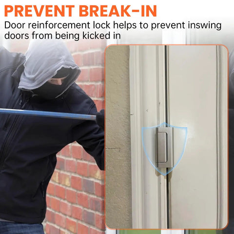 Beefy Door Reinforcement Lock Stands Up To 800 Pounds Wicked Tough 3 Inch Metal Stop in action preventing break-ins on inward swing door.