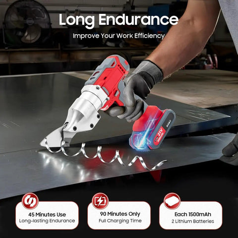 Heavy Duty 21V Cordless Sheet Metal Shear With Brushless Motor And Batteries cutting metal with chrome vanadium steel head.
