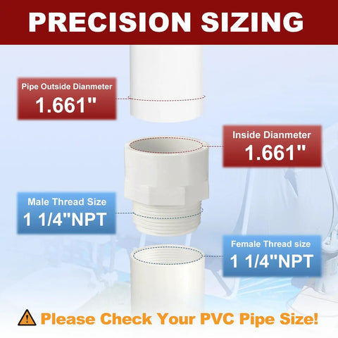 Precision sizing of Six Piece 1 1/4 Inch PVC Pipe Fitting Set SCH40 NPT Male Thread Adapter And Slip Coupling Connector