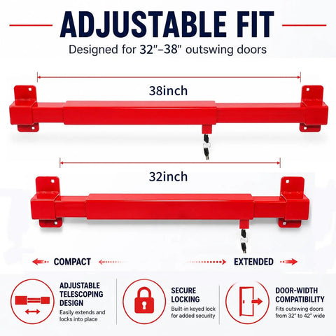 Built Tough Carbon Steel Door Security Bar, Locks Down Solid In 32 To 38 Inches, Heavy Duty Anti Theft Brace shown in adjustable positions.