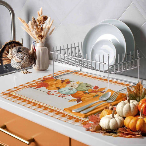 Autumn Thanksgiving Dish Drying Mat Must Have For Kitchen Counter Orange Pumpkin Pattern With Sage Green Wood Grain Finish 18 X 24 Inches Absorbent Microfiber Cushioned Pad For Dishes Glassware Utensils Machine Washable on kitchen counter with dishes