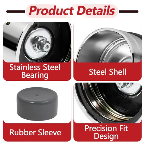 4 Pack Trailer Wheel Bearing Protectors Bulletproof Direct Swap For Number 1980 Dust Caps, featuring stainless steel bearing and rubber sleeve.
