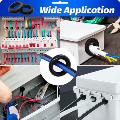 295 Piece Rubber Grommet Kit For Wiring Nine Size Set From Nine Thirty Second Inch To One Inch Includes Grommets For DIY Auto Marine Electrical Projects showing grommets in use in various wiring settings.