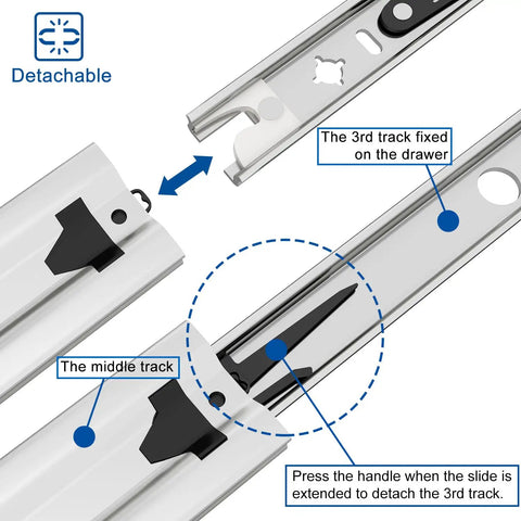 36 Inch Soft Close Heavy Duty Drawer Slides With Full Extension, Ball Bearing, Side Mount, showing detachable components.