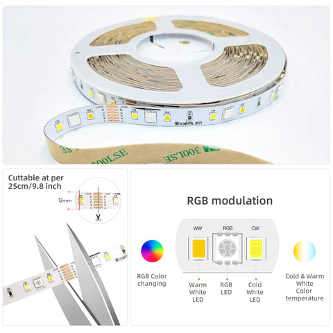 24V RGBWW LED Strip Lights 32 Foot Roll Dimmable Color Changing Tape With CCT From 2700K To 6000K 6 Wire SMD5050 layout and details