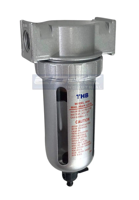 One Half Inch NPT Particulate Filter Water Separator For Compressed Air Lines, 5 Micron Filtration with Polycarbonate Bowl