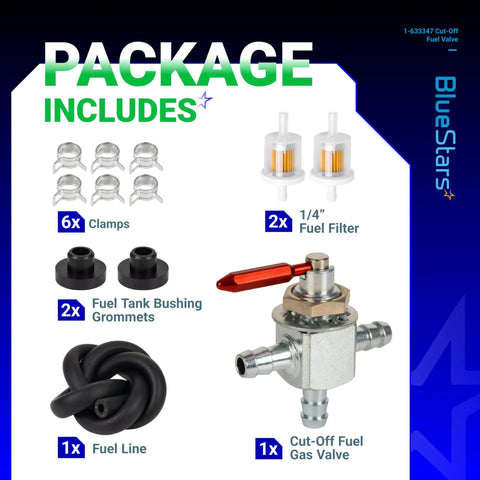 1-633347 Cut Off Fuel Valve With In Line Filter Kit, clamps, grommets, fuel line, and gas valve with red switch
