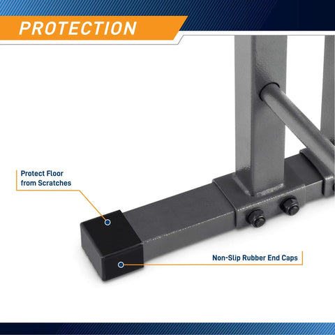 Detail of non-slip rubber end caps on the Rugged Three Tier Combo Weight Storage Rack For Home Gym Dumbbell Kettlebell And Plate Organization.