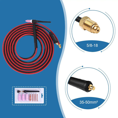 TIG Welding Torch 150A With 35 To 50mm2 Connector And 26.2Ft EPDM Rubber Hose For Long Distance Welding on blue background