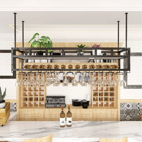 Ceiling Mounted Hanging Wine Glass And Bottle Rack For Bar And Garage, Heavy Duty Iron Shelf For Glasses And Bottles, Easy Install, 100Kg Capacity shown installed in a kitchen setting with wine glasses hanging and wine bottles stored.