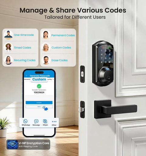 Slick Fingerprint Smart Lock With Heavy Duty Zinc Alloy Handles And Auto Lock App Control showing code management feature on smartphone.