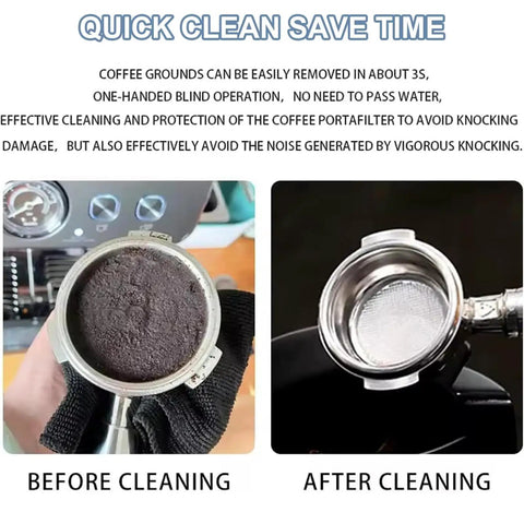 Before and after images of Electric Espresso Portafilter Cleaner With Knock Box And Dual Spin Brushes showing cleaned portafilter.