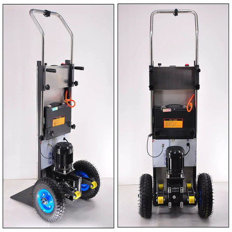 Awesome Electric Stair Climber Sack Truck With 400kg Heavy Load Capacity And Telescoping Handle, Powerful 1200W Brushless Motor, Long Lasting 48v Battery viewed from front and side with wheels and motor visible.