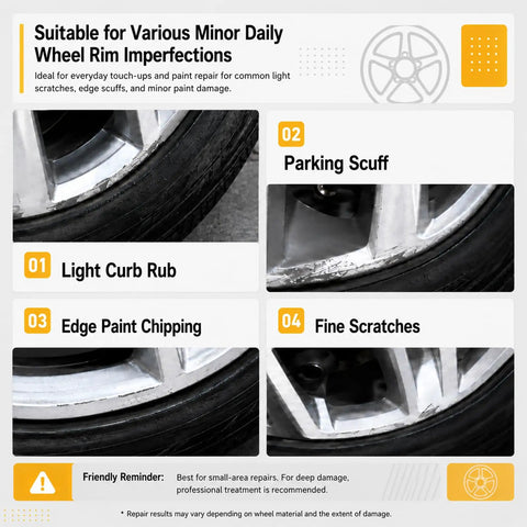 Light Silver Wheel Rim Touch Up Paint With Built In Brush For Knocking Out Curb Rash And Scrapes On Alloy Rims Plus Faster Five Minute Set For A Clean Showroom Grade Finish Daily, showing various wheel rim imperfections.