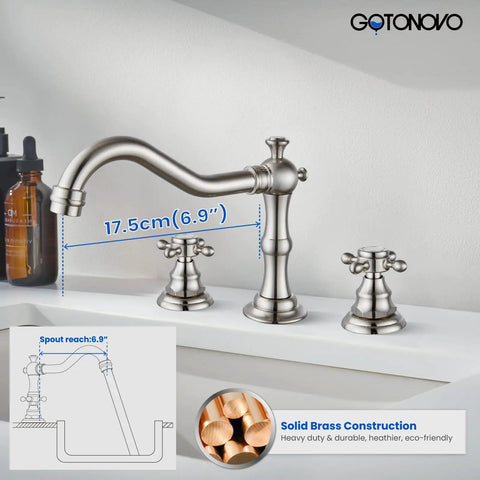 3 Hole Widespread Bathroom Faucet With Double Cross Handles, Deck Mount Mixer Tap For Vanity Sink, Brushed Nickel Finish