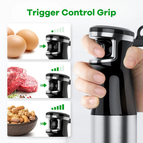 Heavy Duty Immersion Blender Handheld Corded 1100W Full Copper Motor 5-in-1 Hand Blender Set showing trigger control grip.