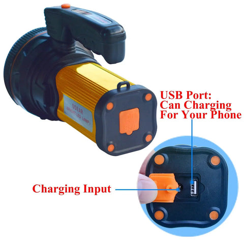 Beast Bright Handheld LED Spotlight Torch With USB Rechargeable Battery showing USB port and charging input close-up.