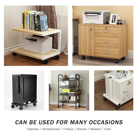 Furniture and carts with 2 inch nylon casters M8 thread for versatile use in cabinets, workbenches, trolleys, and shelves.