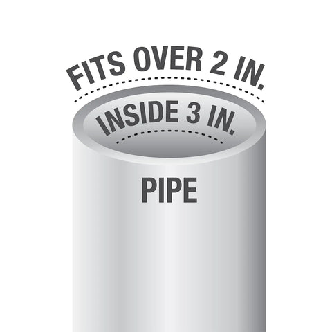 Diagram showing a pipe labeled 'Fits Over 2 Inch, Inside 3 Inch' for Universal Round Shower Strainer Snap In 4.25 Inch Drain Top.