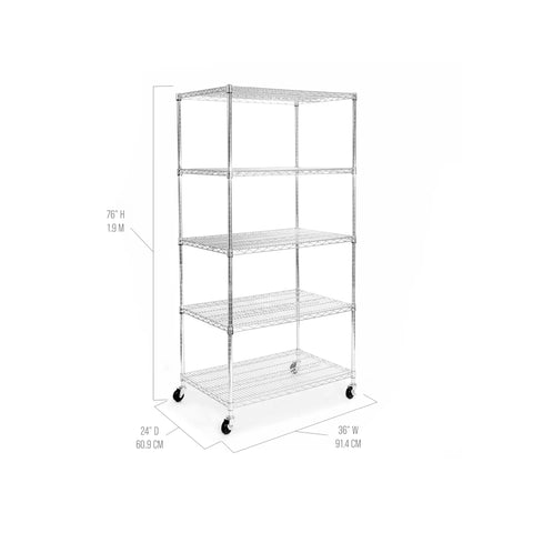 Commercial Grade Steel Wire Shelving Unit Five Tier Adjustable Storage Rack 36 X 24 X 76 Inches with measurement details.