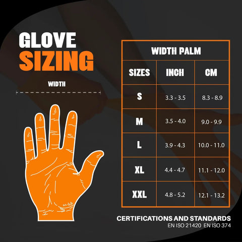 Glove size chart showing dimensions in inches and cm for Ultra Thick 8 Mil Orange Nitrile Gloves With 3D Raised Diamond Texture