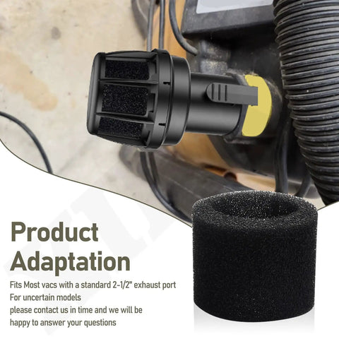 Two Point Five Inch Muffler Diffuser Vacuum Attachment For Wet Dry Vacs With Replacement Sponge installed on vacuum
