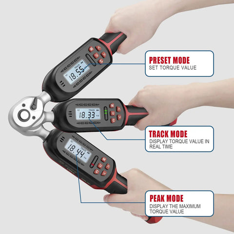 Three Eighths Inch Digital Torque Wrench With Go-To Preset Values And Six Quick Settings, LED display, hands demonstrating modes.