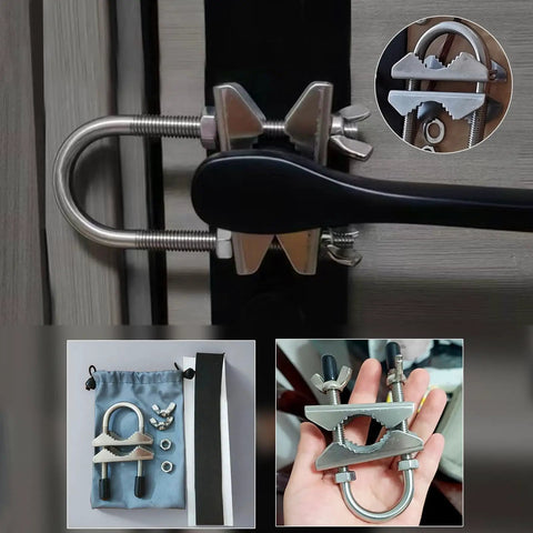 Heavy Duty Portable Door Lock For Outward Swing Doors Adjustable Stainless Steel Travel Security Device displayed in various views