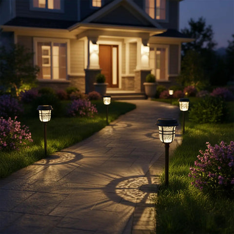 Solar Pathway Lights Outdoor Waterproof IP65 No Fuss Dual Lighting Modes Warm White And Cool White LED in garden at night