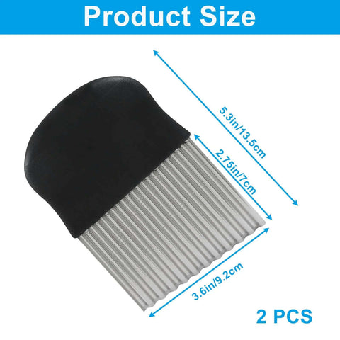 Two large stainless steel crinkle cutters with black handles; wavy blades for French fries, 5.3in long.