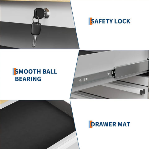 Heavy Duty 61 Inch Tool Chest Cabinet With Mobile Garage Workbench, showing safety lock, ball bearing, and drawer mat features.
