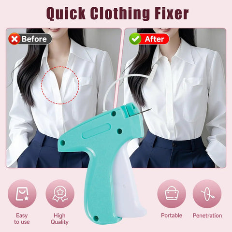 Slick Mini Tagging Gun For Apparel Repair And Crafting This Reliable Clothes Stapler fastens a white shirt with a blue handle.