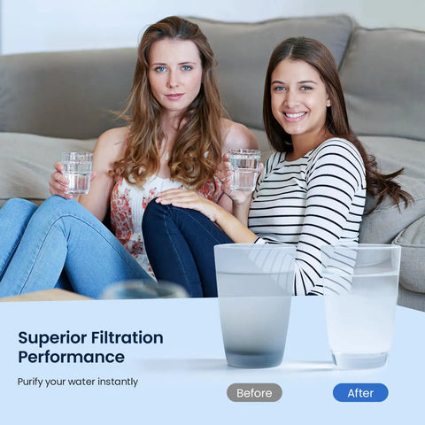 Two women holding glasses of water with a before and after comparison of water clarity using Premium Refrigerator Water Filter Replacement For Da97 17376B HAF QIN And HAF QIN EXP Compatible With RF23M8070SG RF23M8070SR RF23M8090SG RF23M8090SR RF23M8570SR RF23M8590SG Six Month Filter Life For Clean Ice And Fresh Water Taste.