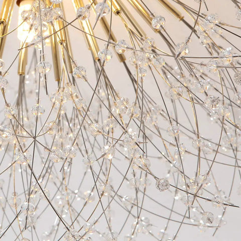 Close-up of Six Light Firework Sputnik Statement Chandelier Modern Crystal Pendant Lighting Semi Flush Mount 24 Inch LED Gold Finish