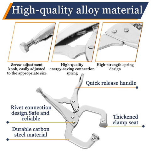 Close-up view of 12 Piece Heavy Duty C Clamp Locking Pliers Set 6 Inch Vise Grip With Swivel Pads Adjustable Welding Pliers