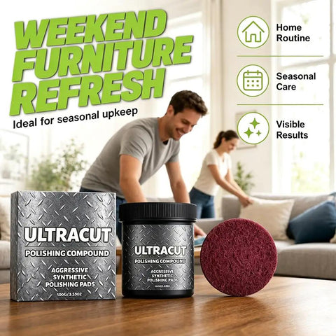 No Sweat All In One Surface Restoration Polish With Buffing Pad on a table for polishing furniture and countertops.