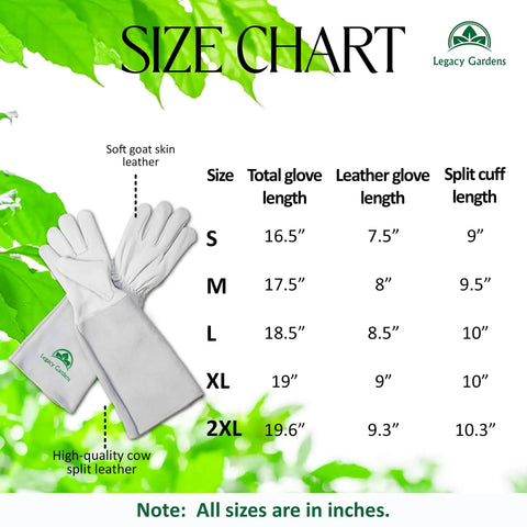 Long Goatskin Leather Gardening Gloves For Women And Men, Thorn Resistant Gauntlet For Rose Pruning, Size Chart