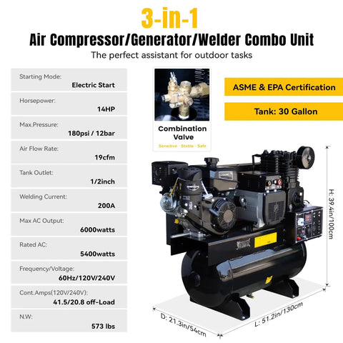 3-in-1 MutsMover Gas Powered Air Compressor Generator And Welder with 14HP engine and 30 gallon tank, ideal for heavy duty job sites.