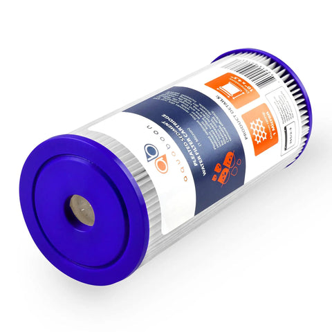 1 Micron Pleated Water Filter For Whole House Sediment Filtration 10 By 4 Point 5 Inch Replacement For Well Water Keeps Sand Dirt Rust Out Without Reducing Flow High Flow Performance Fits FXHSC And R50 BBSA 2 Pack, laying horizontally.