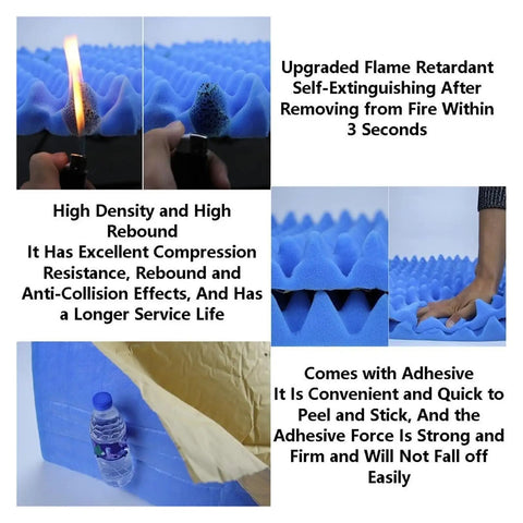 Killer Acoustic Foam Sound Dampening Panels With Classic Egg Crate Shape 7cm Thick showcasing self-extinguishing flames and adhesive use.