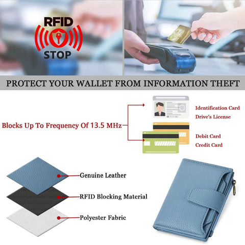 Compact Everyday Wallet For Women With RFID Blocking Soft Cowhide Leather Bifold Card Holder Slim Yet Roomy Zipper Coin Pocket.