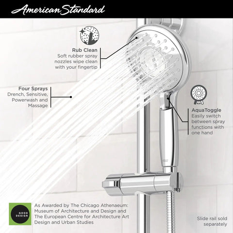4-Function Handheld Shower Head With 5-Inch Face 1.8 GPM Polished Nickel in action showing spray modes and easy-grip handle
