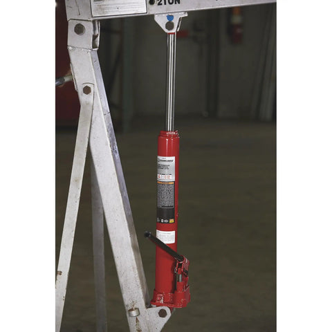Heavy Duty 8 Ton Long Ram Hydraulic Floor Jack With Rapid Double Piston Pump, red steel body shown mounted on a jack stand.