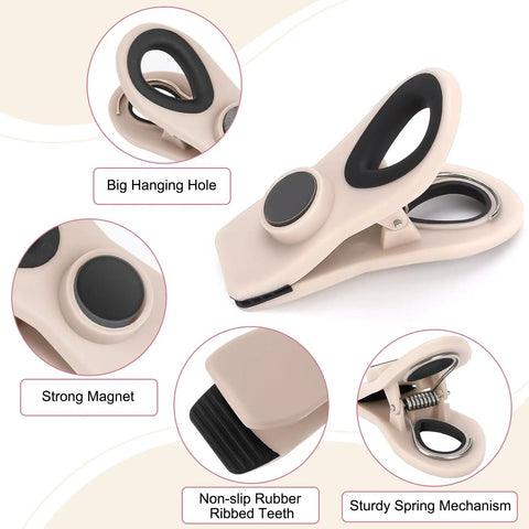 Game Changer Heavy Duty Magnetic Clips Keep Chips And Snacks Locked Down Crisp Through The Week Assorted Muted Tones showing strong magnet and ribbed teeth.