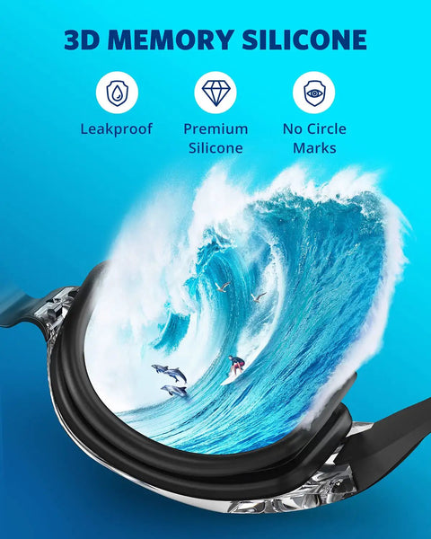 Elite Leak Proof Swim Goggles featuring 3D memory silicone, leakproof design, and anti-fog visibility with ocean scene.
