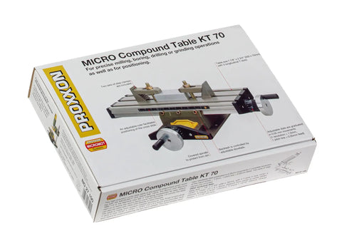 Packaging of Micro Compound Table KT 70 Built For Pros And DIYers With Clamp Kit featuring adjustable ruler, for drill stands and presses.