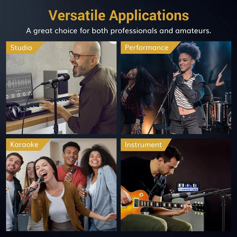 Collage showing the dynamic handheld karaoke microphone in studio, performance, karaoke, and instrument settings.